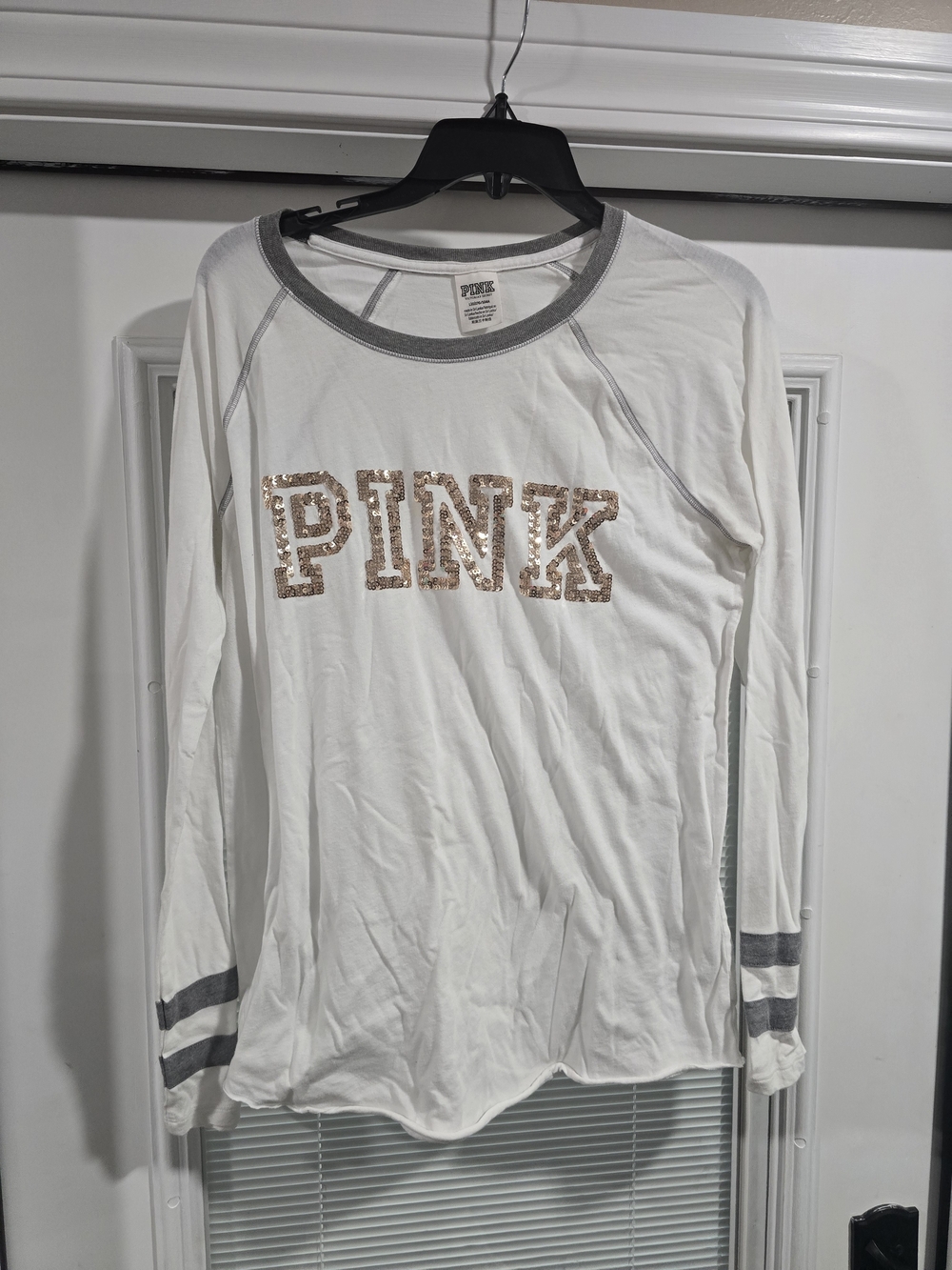 PINK Victoria's Secret White Tee with Gray Trim and Gold Sequins